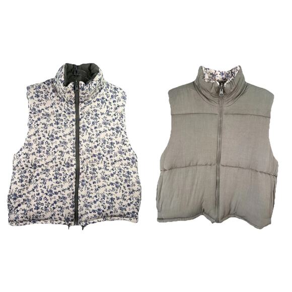 Blank NYC Reversible Puffer Vest Cream Floral Print Olive Green Large Cottage - Picture 1 of 12